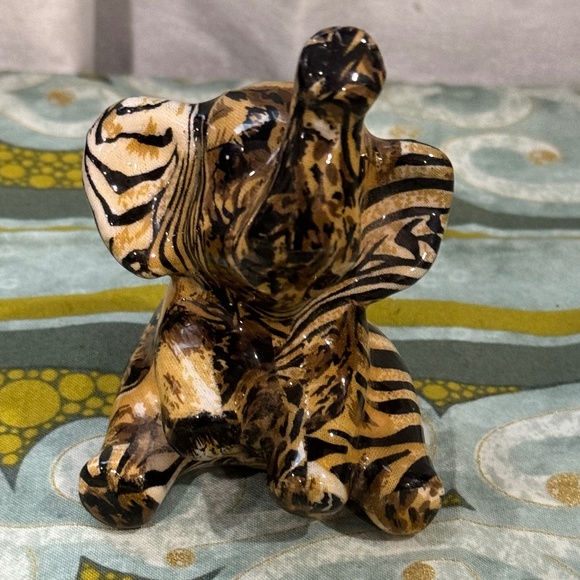 Vintage Ceramic Glazed Striped Trunk Up Lucky Baby Elephant Figurine - Picture 1 of 6